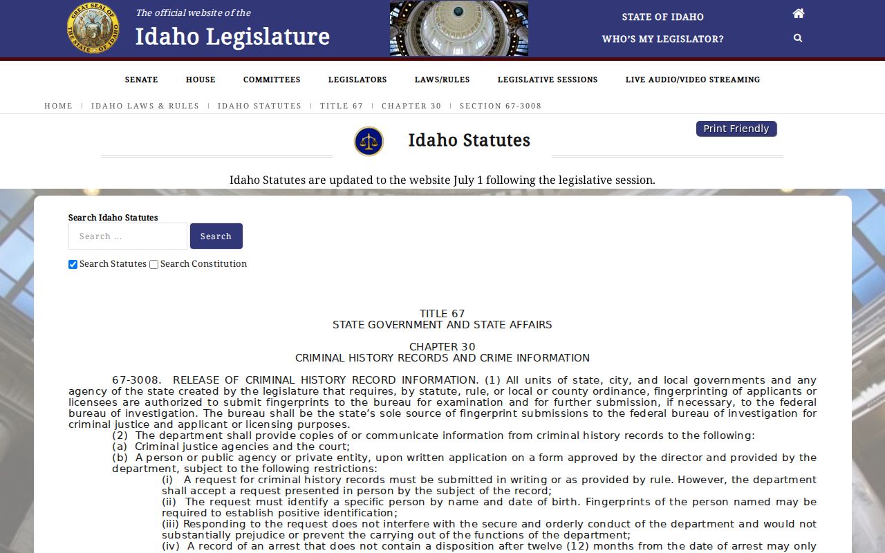 Cascade criminal history Idaho dissemination statute