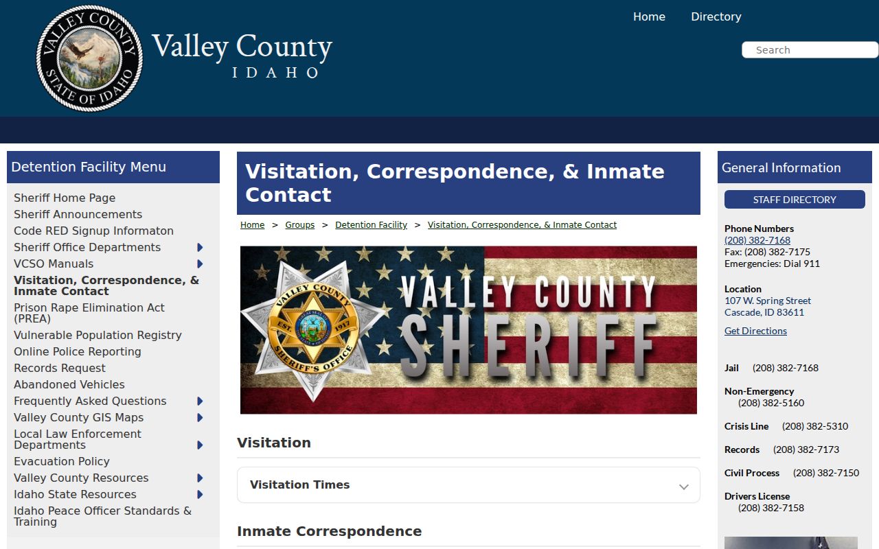 Valley County arrest record and detention contact information