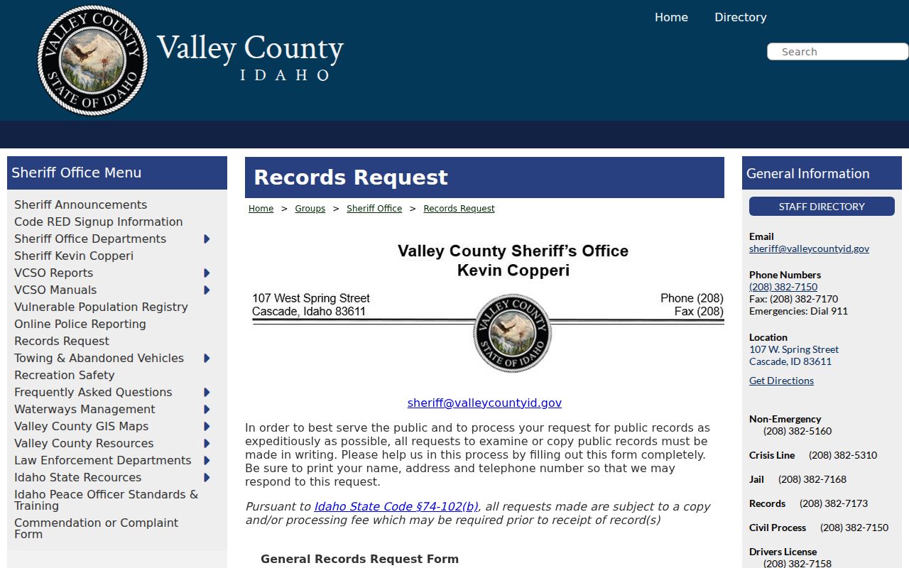 Valley County arrest history Sheriff records request form
