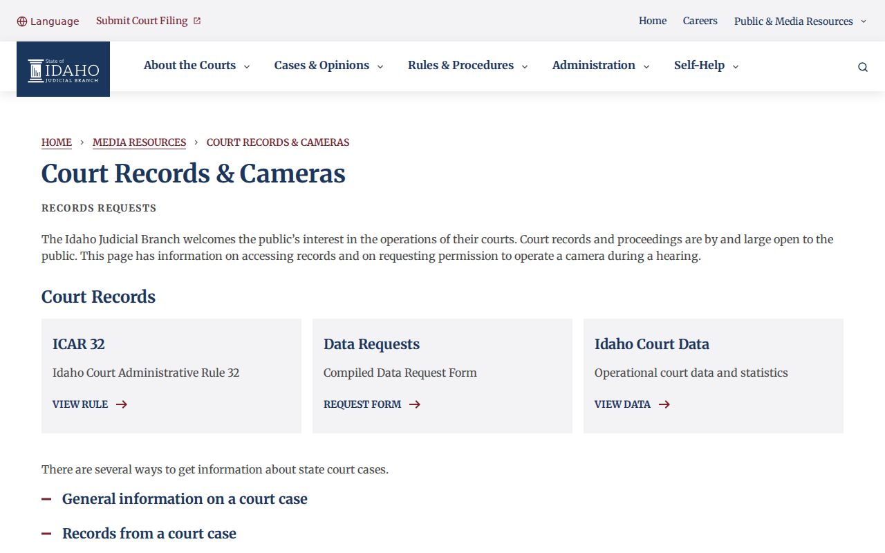 Idaho access options for Valley County criminal court case records