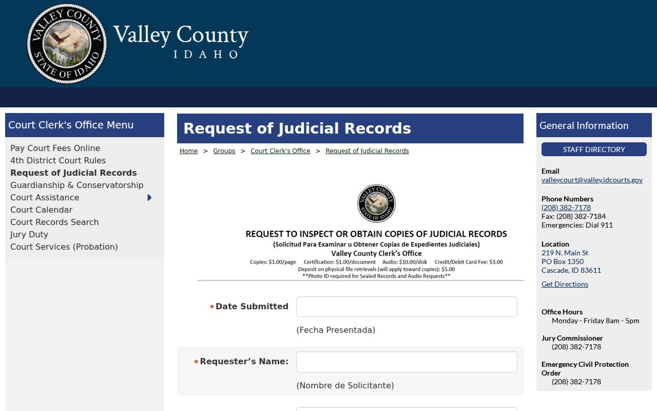 Valley County criminal court judicial records request form