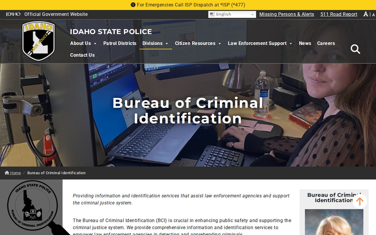Idaho Bureau of Criminal Identification official criminal history page