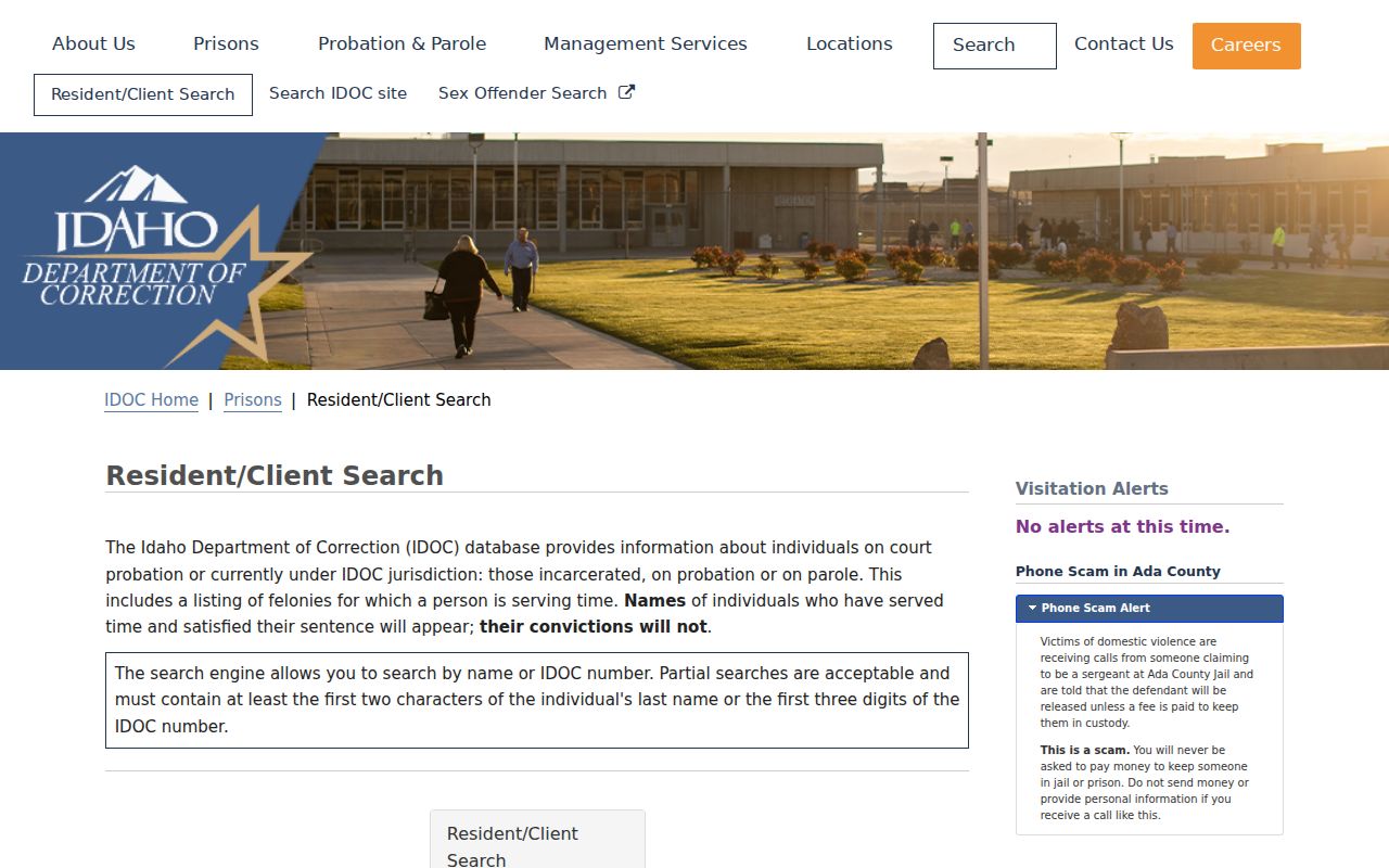 Idaho Department of Correction resident and client search
