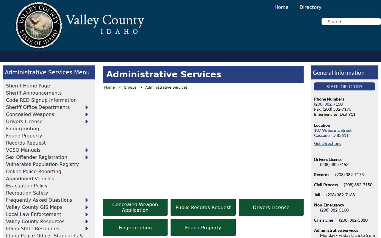 Valley County Sheriff Administrative Services records information
