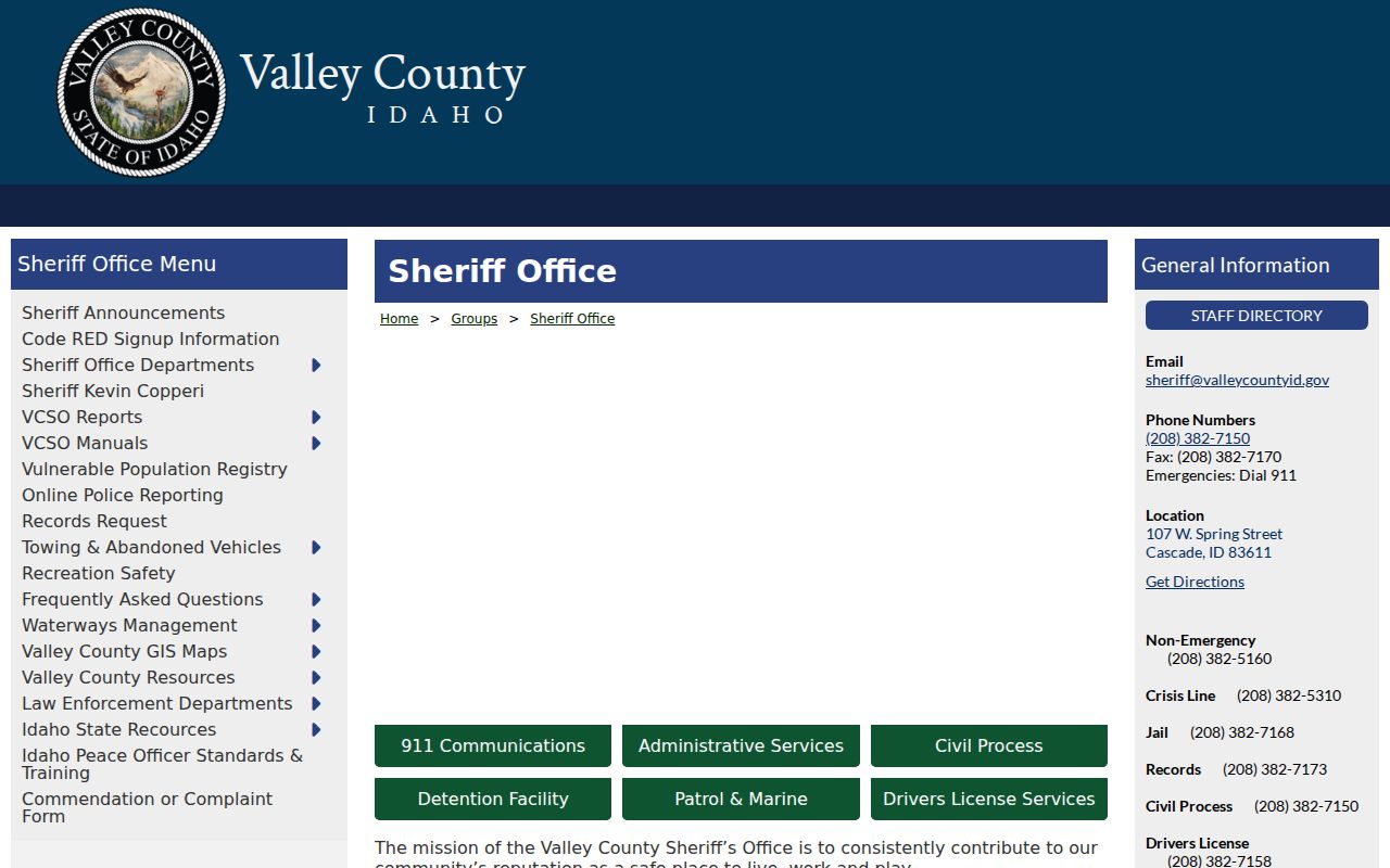 Valley County Sheriff service contacts and justice facility information