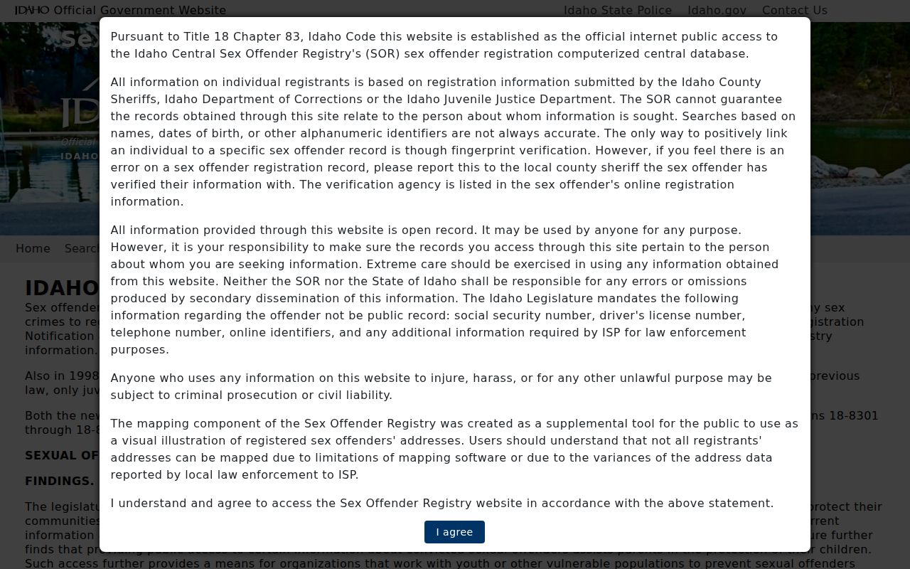 Idaho sex offender registry scope and public guidance page