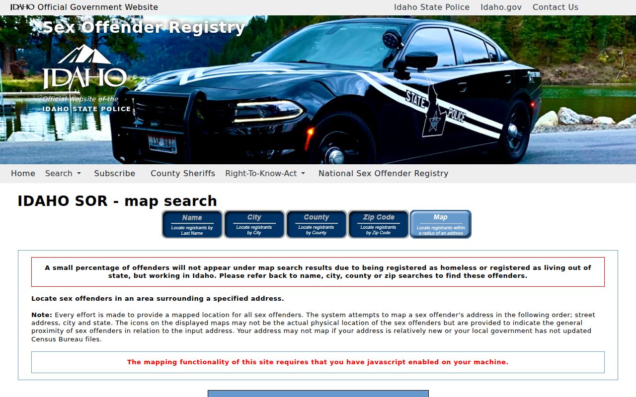 Idaho sex offender registry address and radius map search